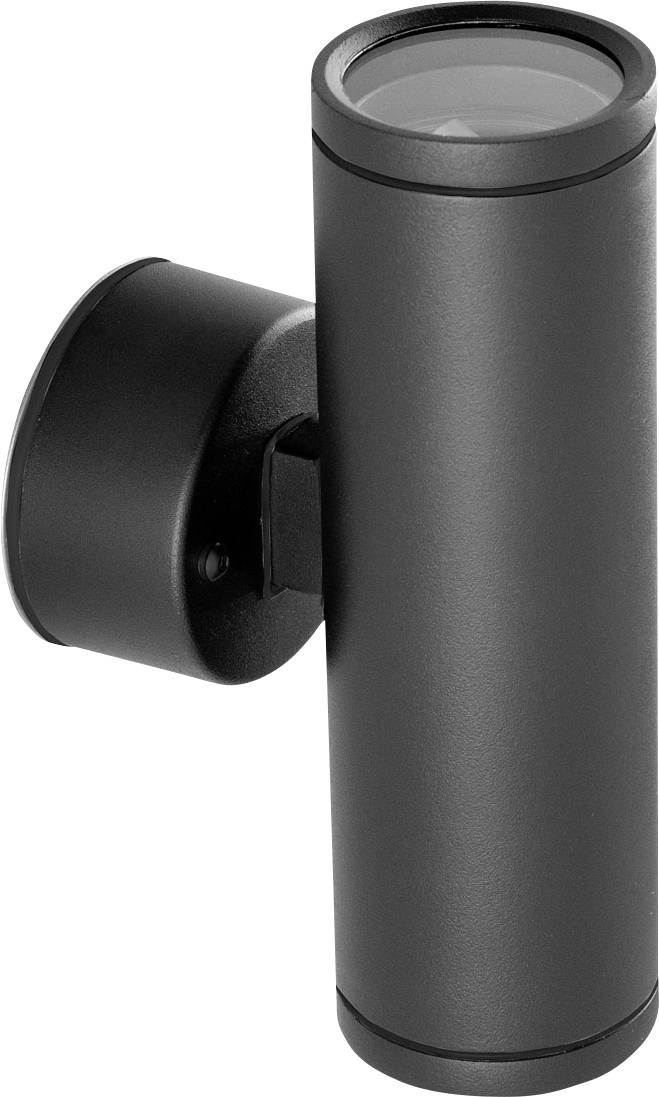 Luminaire mural cylindrique noir avec lentille supérieure dépoli, présenté en gros plan sur un fond blanc.