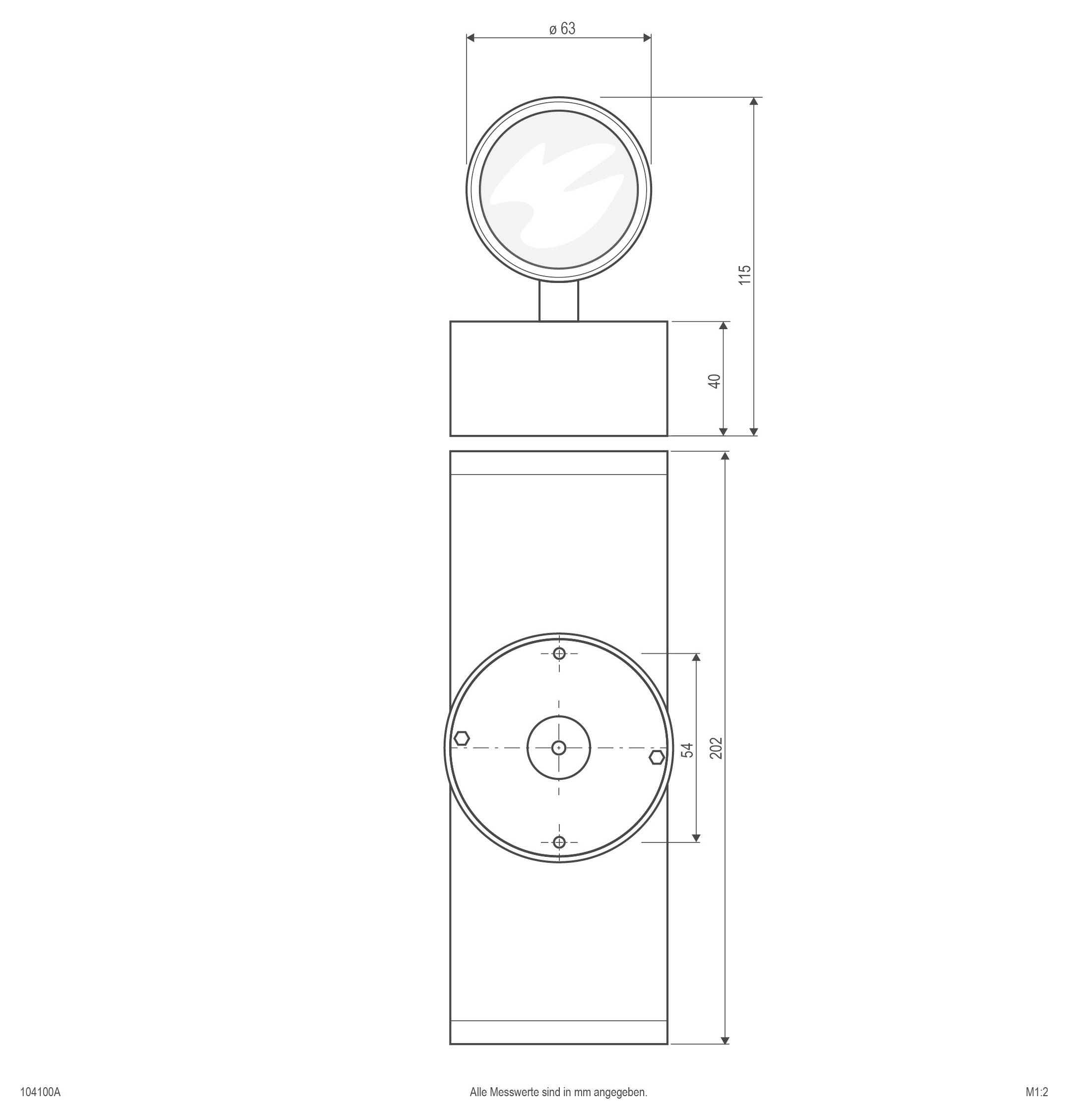 Dessin technique d'un luminaire mural, montrant une vue de face avec une tête circulaire et un corps rectangulaire, annoté avec des dimensions en millimètres.
