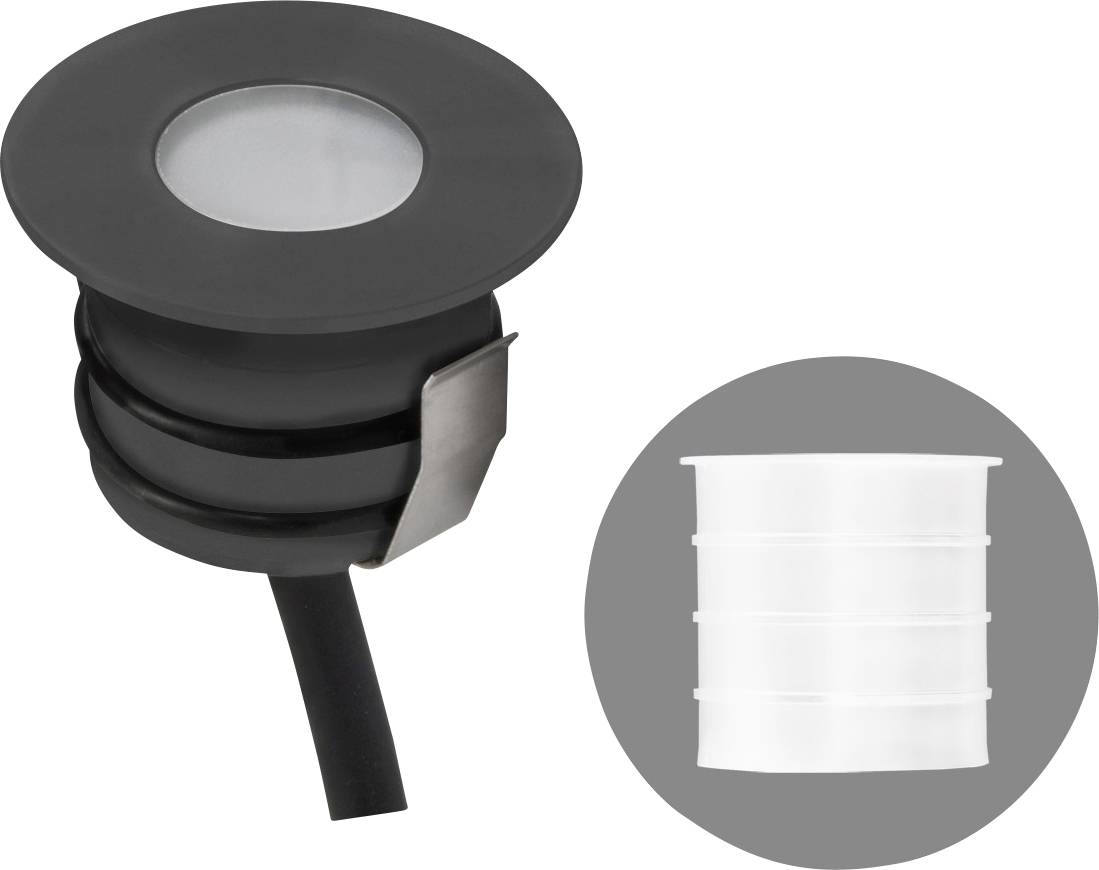 Spot encastrable LED noir, rond, avec support argenté et panneau LED apparent. À côté, un composant blanc, tous deux à l'aspect technique.
