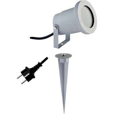 Kit de projecteur d'extérieur avec lampe cylindrique, prise d'alimentation et support de fixation au sol.