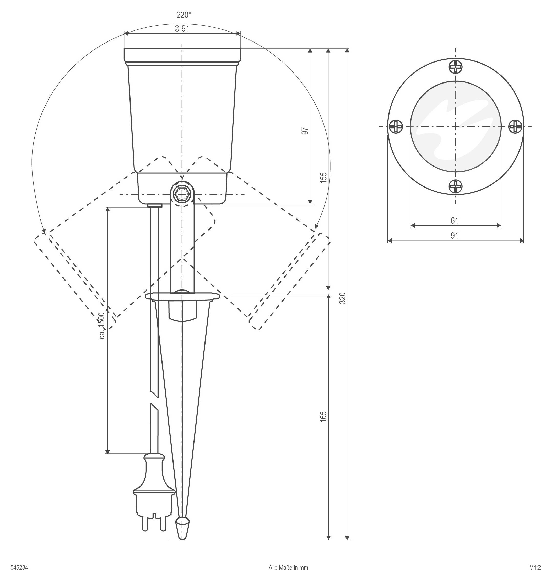 Dessin technique d'un projecteur mural avec faisceau orientable ajustable, montrant les vues de face et latérale avec dimensions en millimètres.