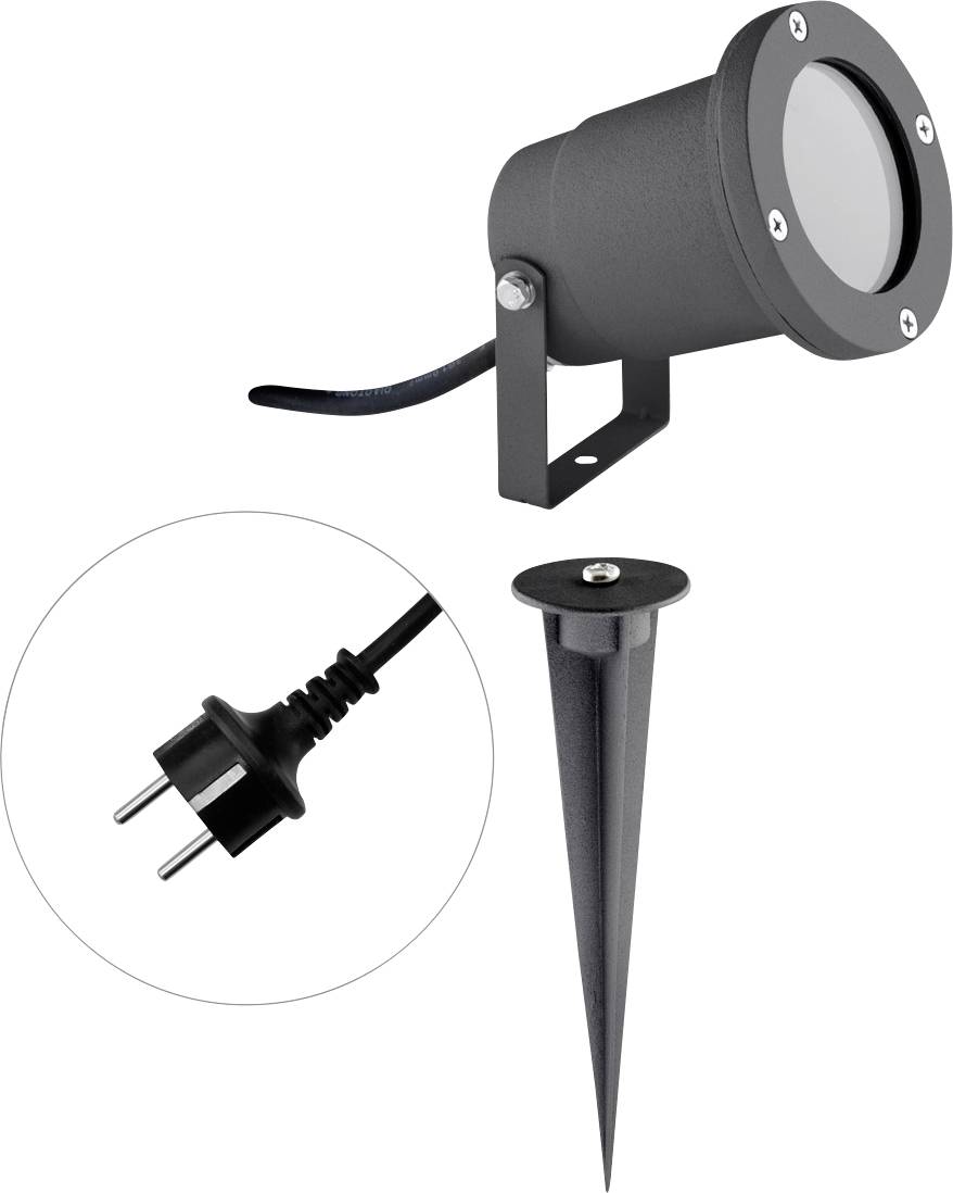 Projecteur extérieur noir avec support de montage, cordon d'alimentation, piquet et fiche présenté pour l'installation dans un jardin ou un paysage.