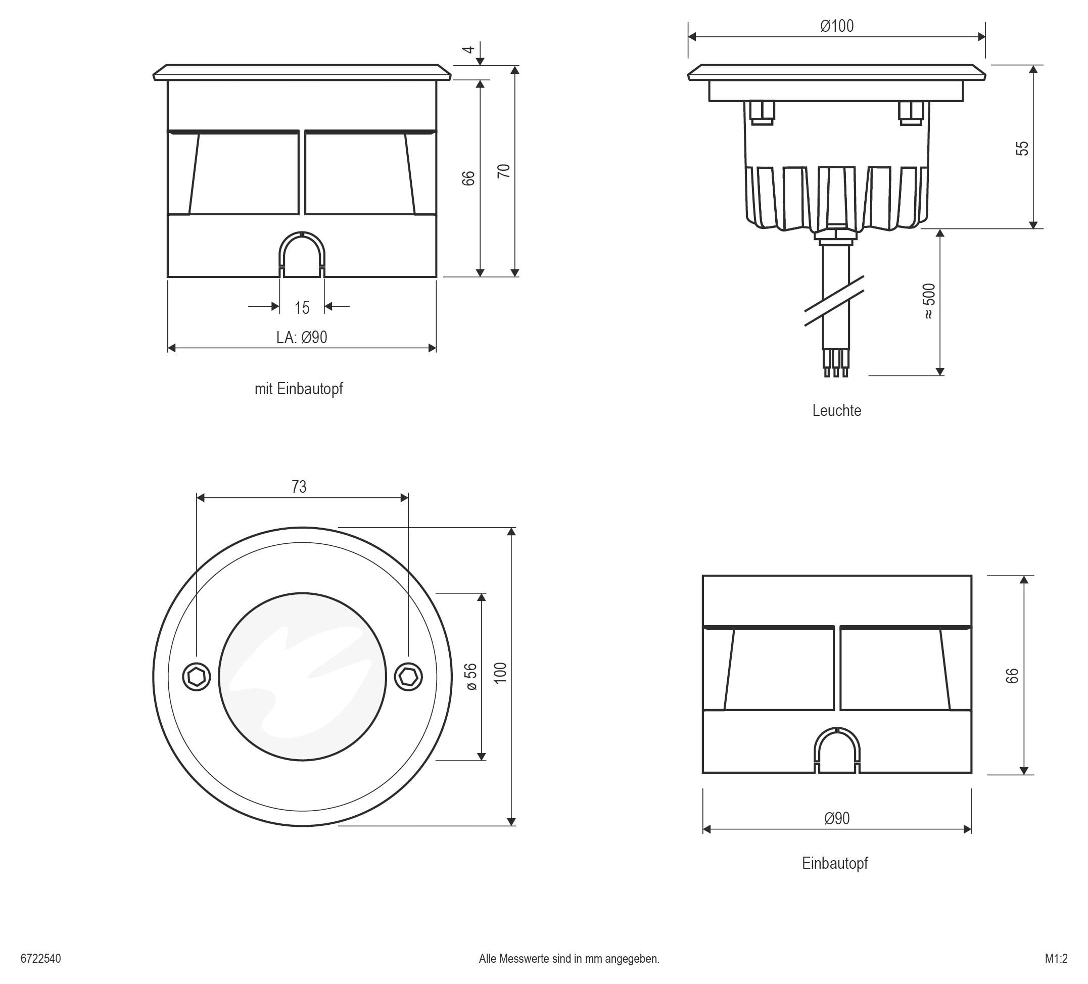 Dessin technique d'un luminaire encastré avec dimensions, montrant les vues de côté, de face, de dessus et les mesures de profondeur d'installation en millimètres.