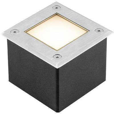 Lumière de sol extérieure carrée avec dessus en métal brossé, centre blanc illuminé et base de boîte noire