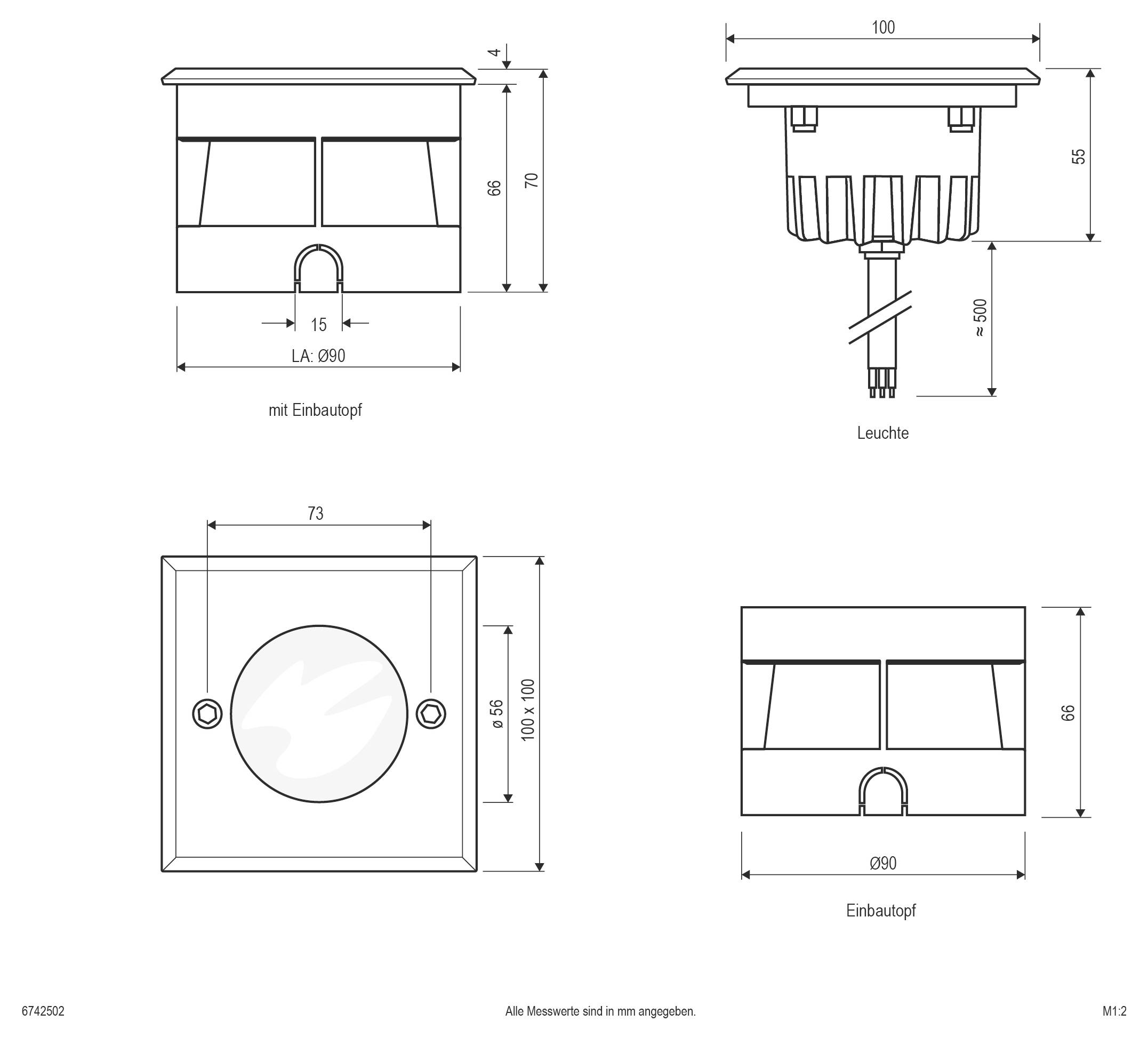 Dessins techniques en traits d'une lumière encastrée carrée et d'une tasse d'installation, présentant les vues de face, de côté et de dessus avec les dimensions en millimètres.