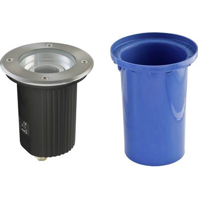 Deux projecteurs de sol cylindriques, l'un noir avec un anneau de finition argenté et l'autre au boîtier en plastique bleu, présentés côte à côte sur un fond blanc.