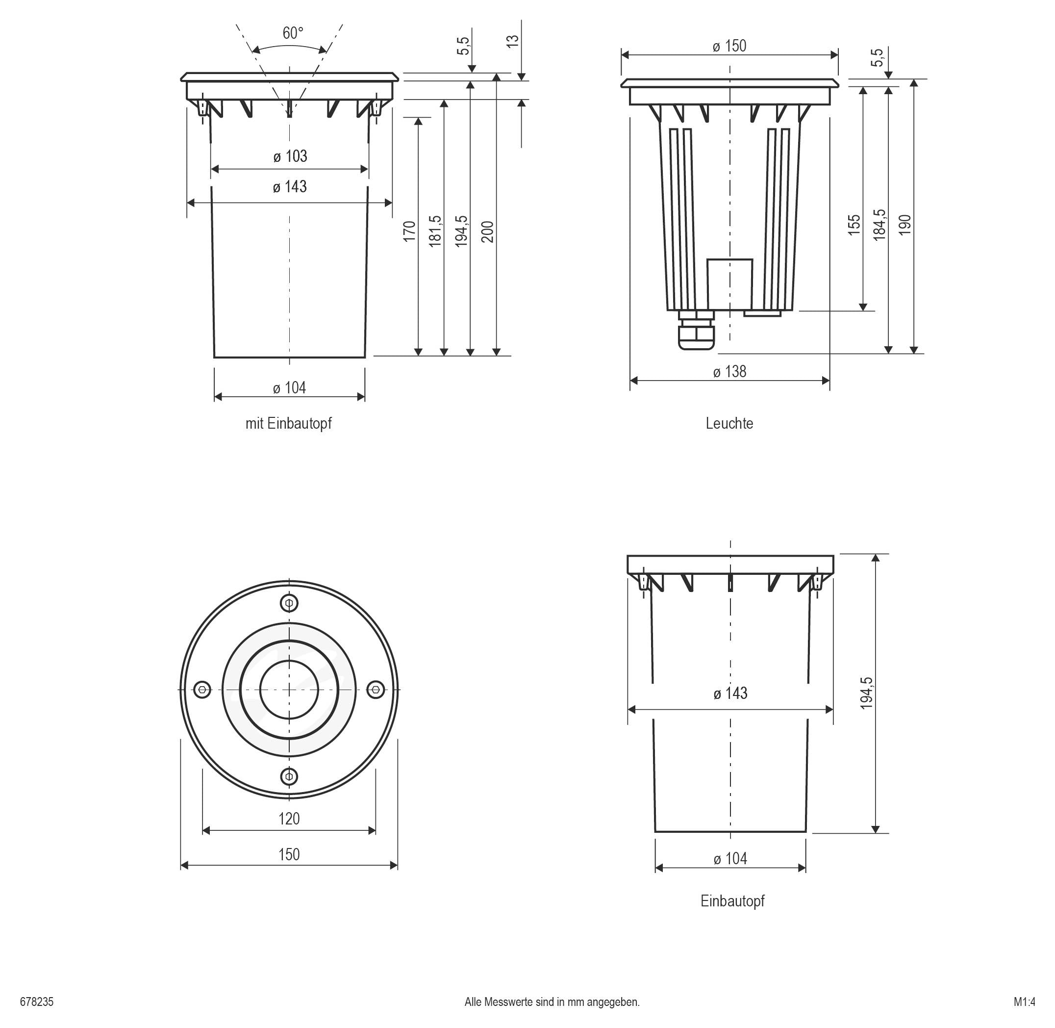 Dessin technique d'un luminaire encastré rond et son boîtier de montage, montrant les vues de face, de côté et de dessus avec des cotes en millimètres.