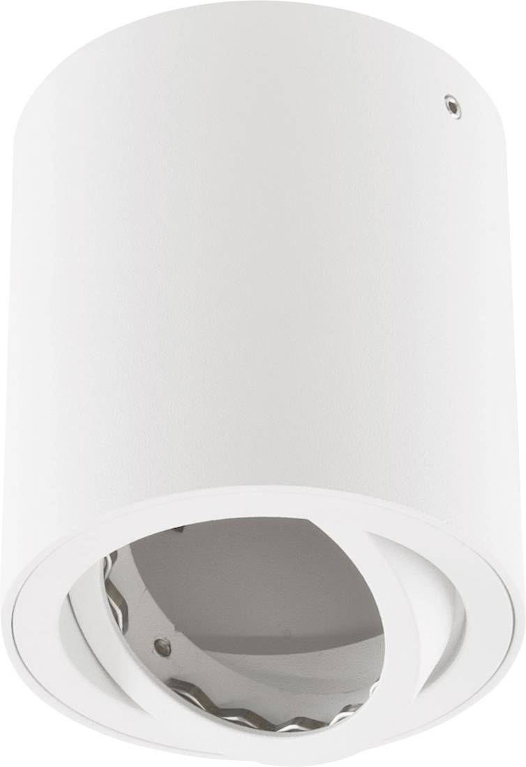 Luminaire de plafond cylindrique blanc avec ouverture réfléchissante encastrée.