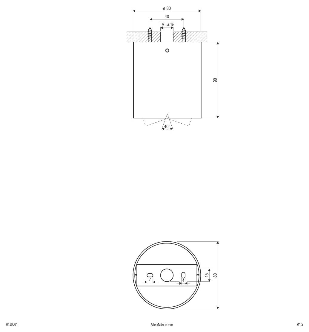 Dessin technique d'un composant cylindrique avec vues de dessus et de face, montrant les dimensions Ø80, 90, 15 et un angle de 40°.