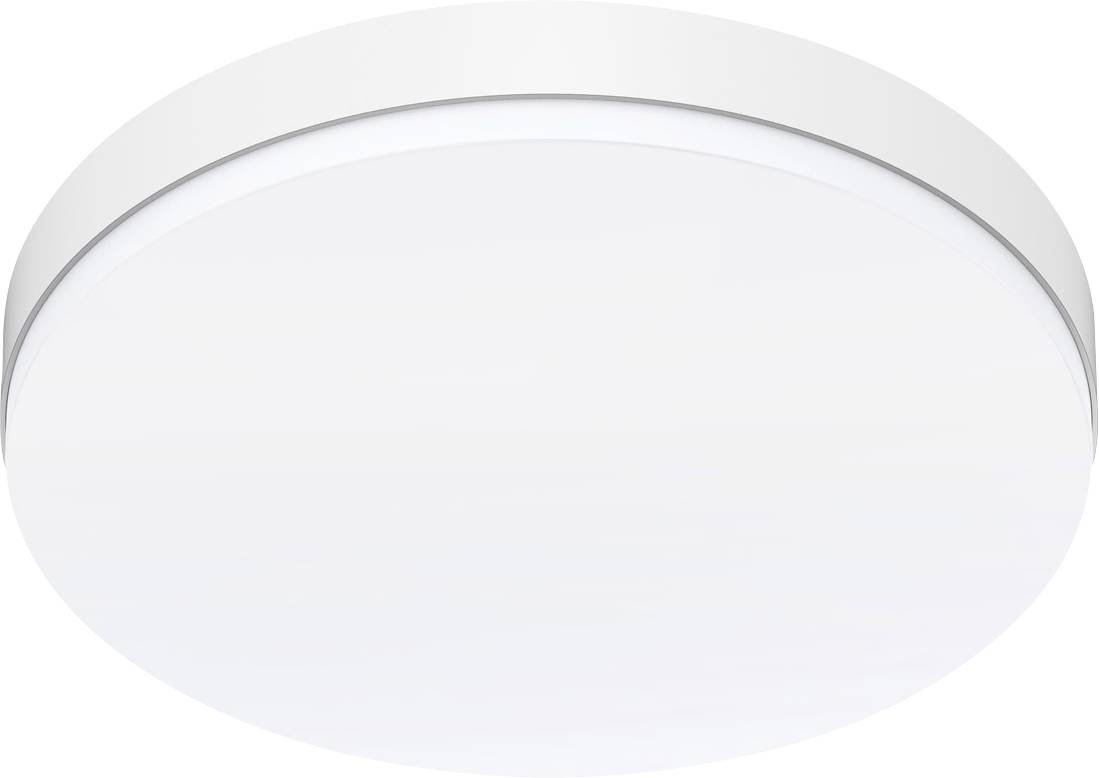 Luminaire de plafond blanc et rond avec un rebord argenté, photographié par le dessous.