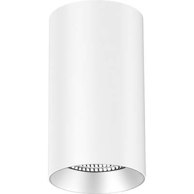 Lampe suspendue cylindrique blanche avec grille intérieure perforée visible à l'ouverture inférieure