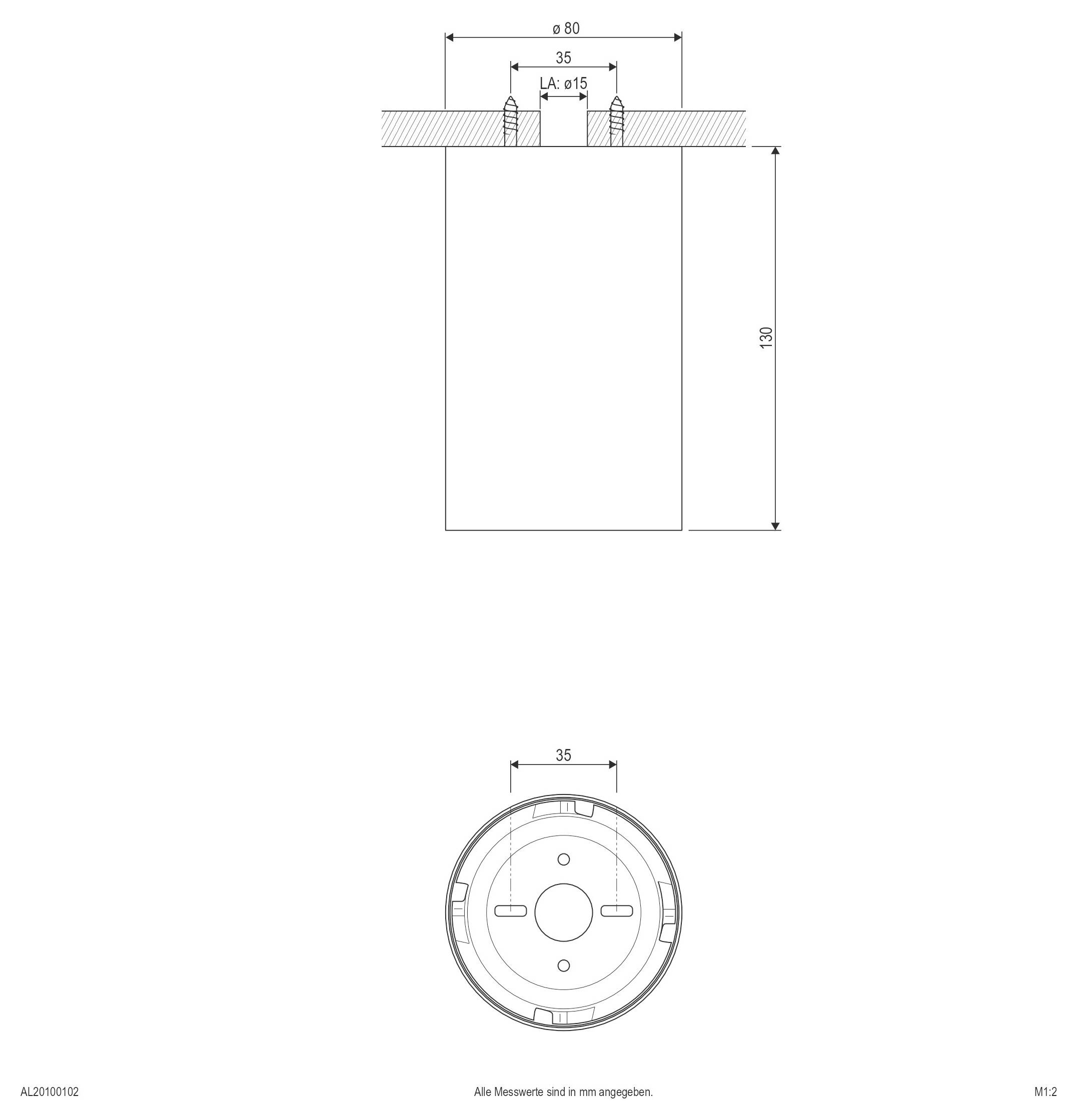 Dessin technique d'une pièce cylindrique avec vues de dessus et de face, montrant les dimensions Ø80, 35, et 130, avec la notation « L-A = ±15 ».