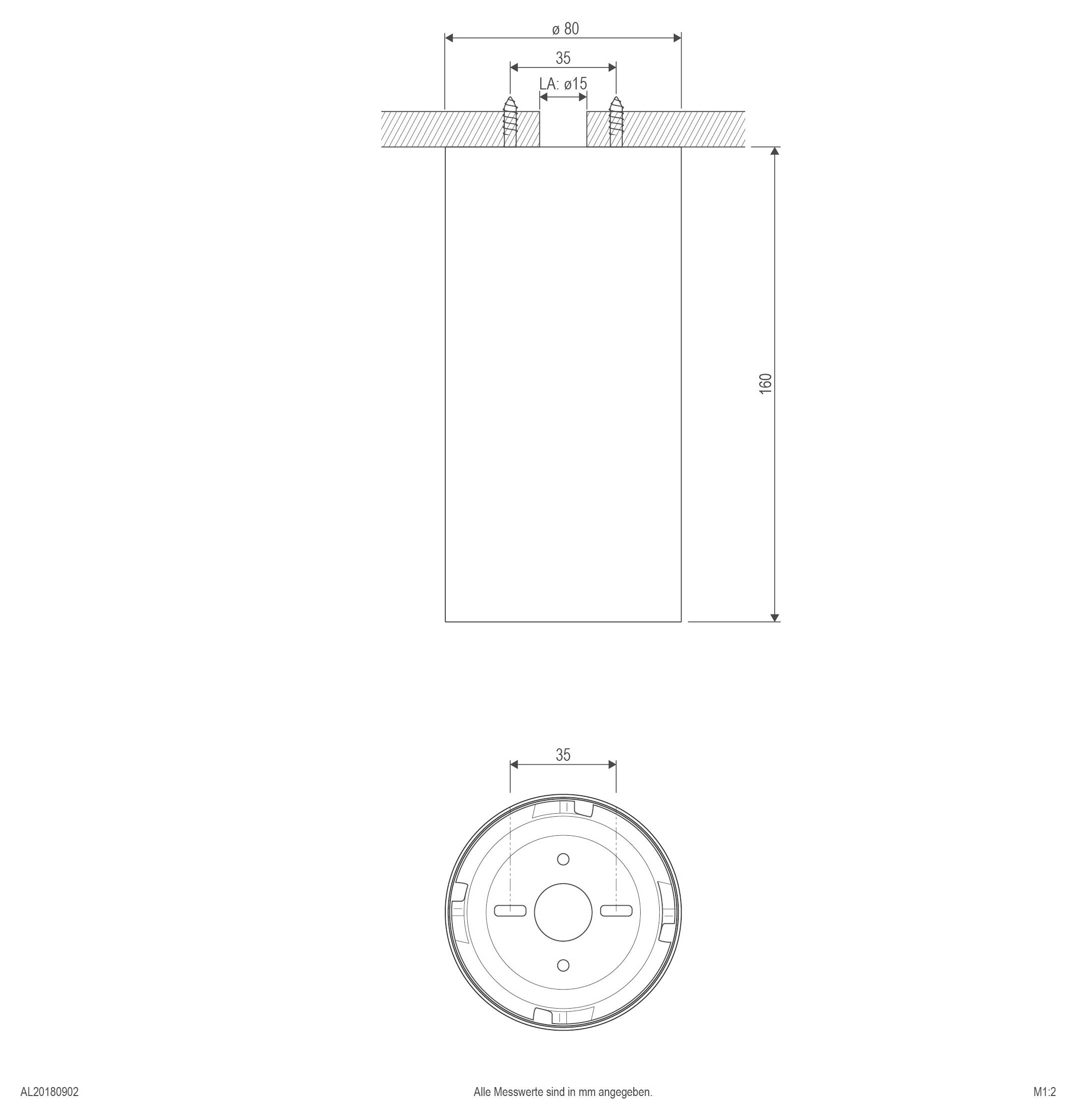 Dessin technique d'un dispositif cylindrique monté au plafond, montrant les vues de dessus et latérales avec les dimensions : diamètre de 80 mm, longueur de 160 mm et largeur de montage de 35 mm.