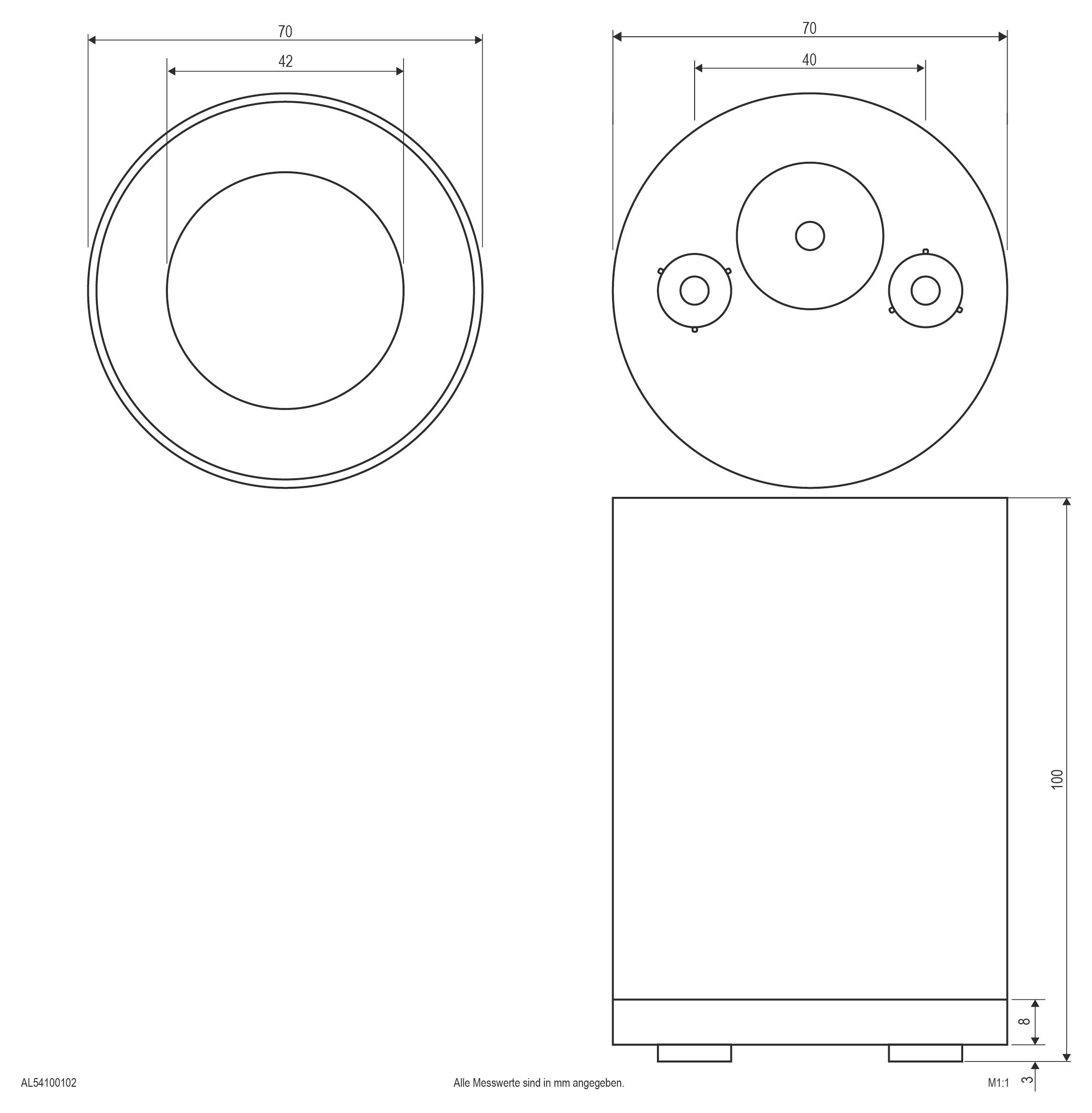 Dessins techniques de cotation d'un composant circulaire et d'un boîtier rectangulaire, montrant les diamètres mesurés, les positions des trous et la hauteur globale en millimètres.