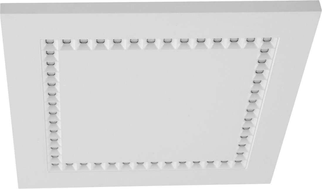 Grille de ventilation au plafond ou élément d'éclairage de forme carrée blanche avec un panneau central encastré et des rangées de petits éléments de fixation autour du bord.