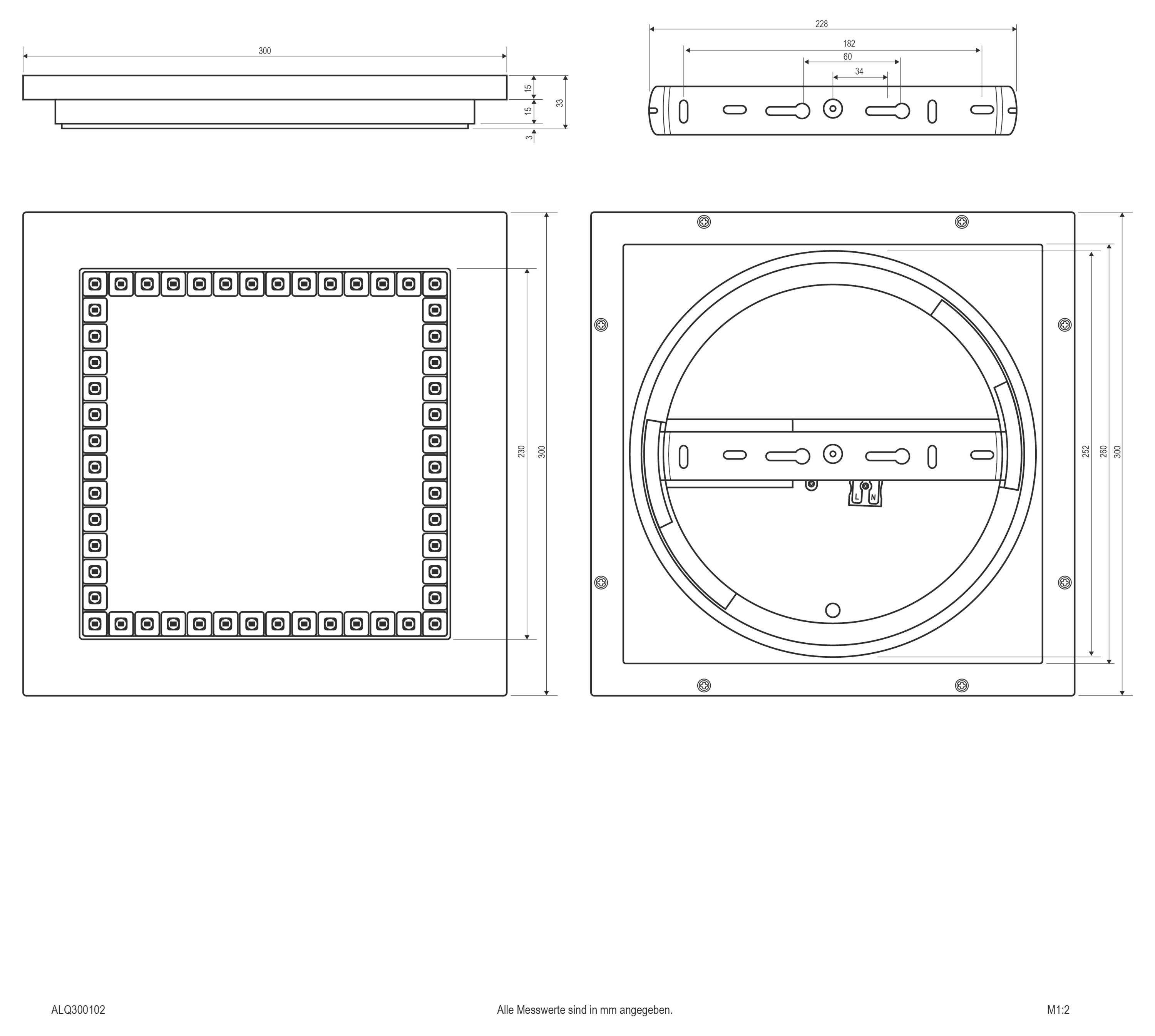 Dessin technique d'un support de plafond carré montré selon plusieurs vues, incluant les dimensions, une plaque frontale carrée avec des trous de vis, et un assemblage circulaire arrière.