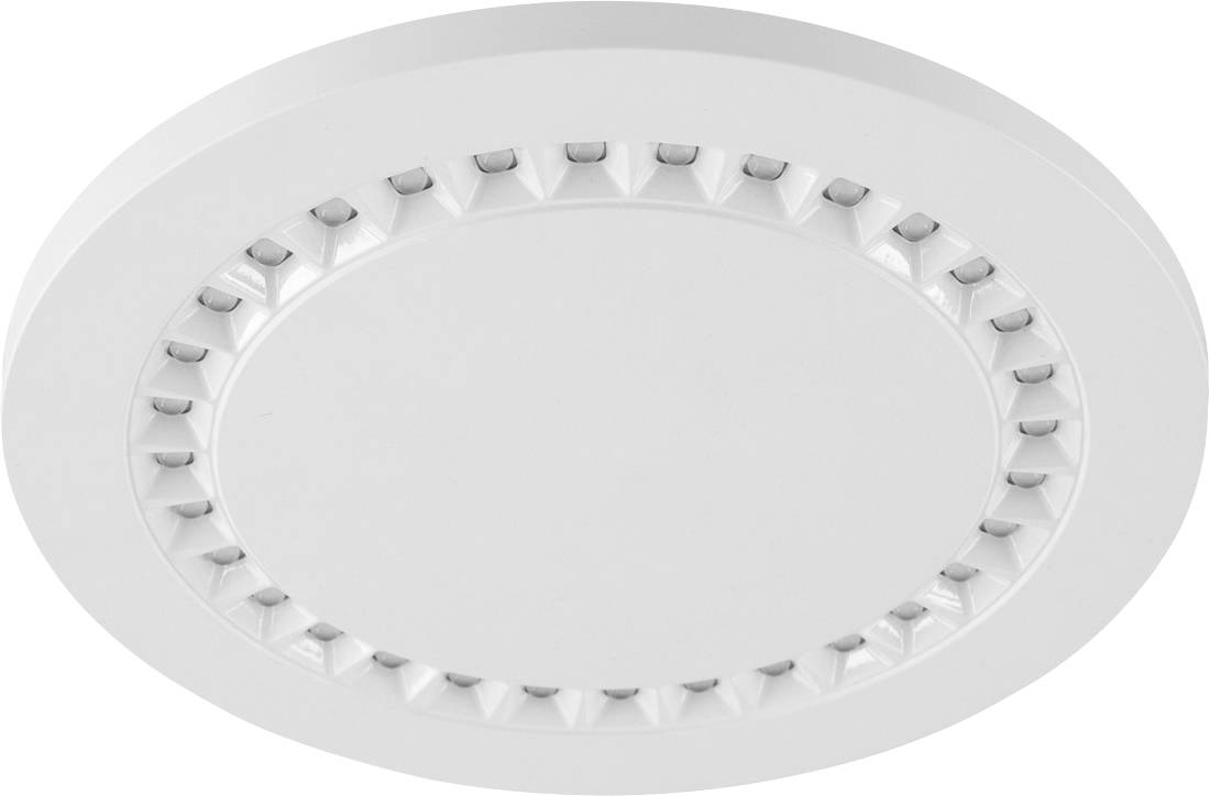 Luminaire de plafond blanc rond avec un anneau intérieur encastré de petites languettes régulièrement espacées.