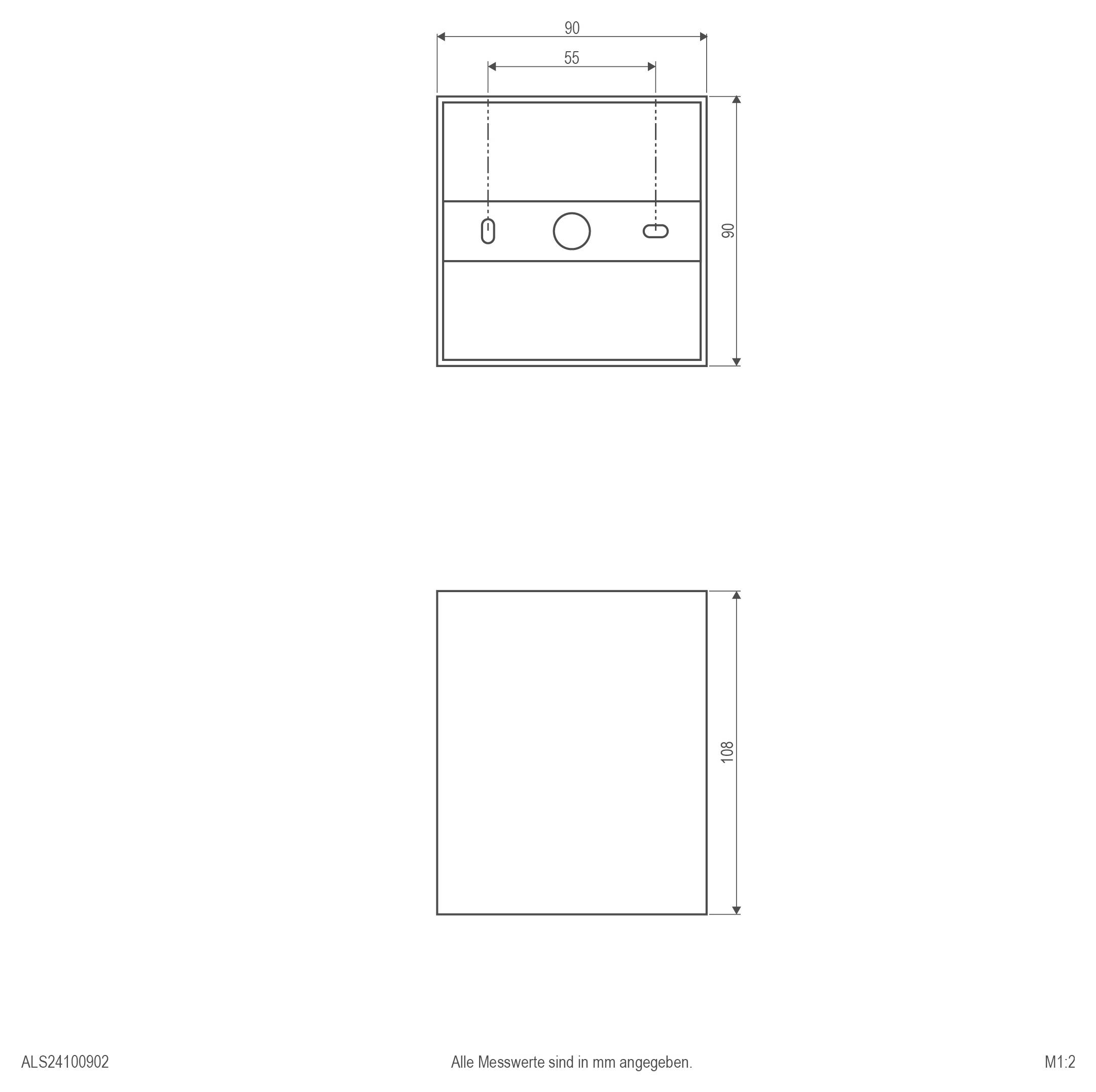 Dessin technique d'un panneau mural rectangulaire, présenté en vues de face et de côté, avec des dimensions de 90 mm de largeur, 90 mm de hauteur et 108 mm de profondeur ; comprend trois découpes sur la face avant.