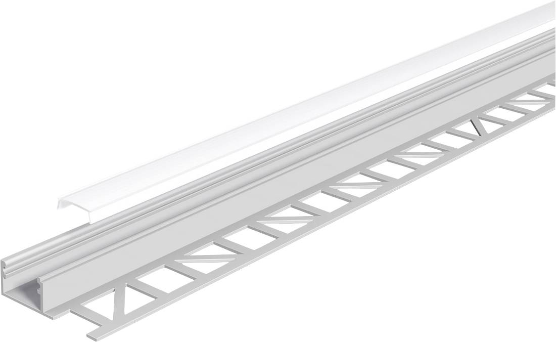 Profilé de piste en métal blanc avec base en treillis triangulaire perforé, présenté en perspective sur fond blanc.
