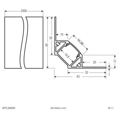 Dessin technique d'un profil courbe : vue de face et coupe transversale, cotées en millimètres avec les largeurs principales 2000, 43, 32, 20, 16,96, 14,9, 11, et 10.