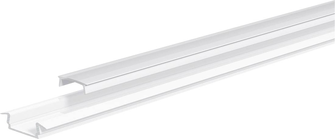 Gros plan d'une moulure de garniture de canal en U en plastique transparent, présentée en diagonale sur un fond blanc.