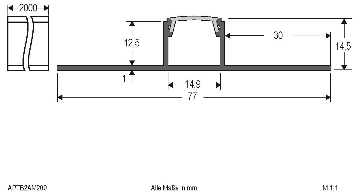 Dessin technique d'un clip de profil avec dimensions en millimètres, montrant une base de 77 mm, une hauteur de 12,5 mm, une largeur de 14,9 mm et un espacement de 30 mm.