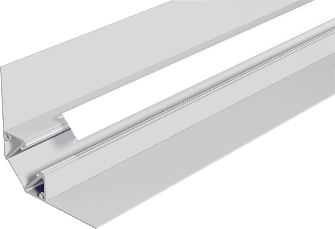 Boîtier de luminaire linéaire métallique avec diffuseur blanc, présenté en perspective sur fond blanc.