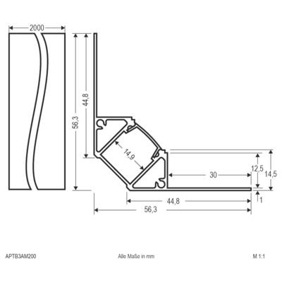 Diagramme de coupe technique d'un profil plié, montrant les dimensions en millimètres, incluant une longueur de 2000 et les mesures 56,3, 44,8, 30, 14,9, 12,5, 14,5.