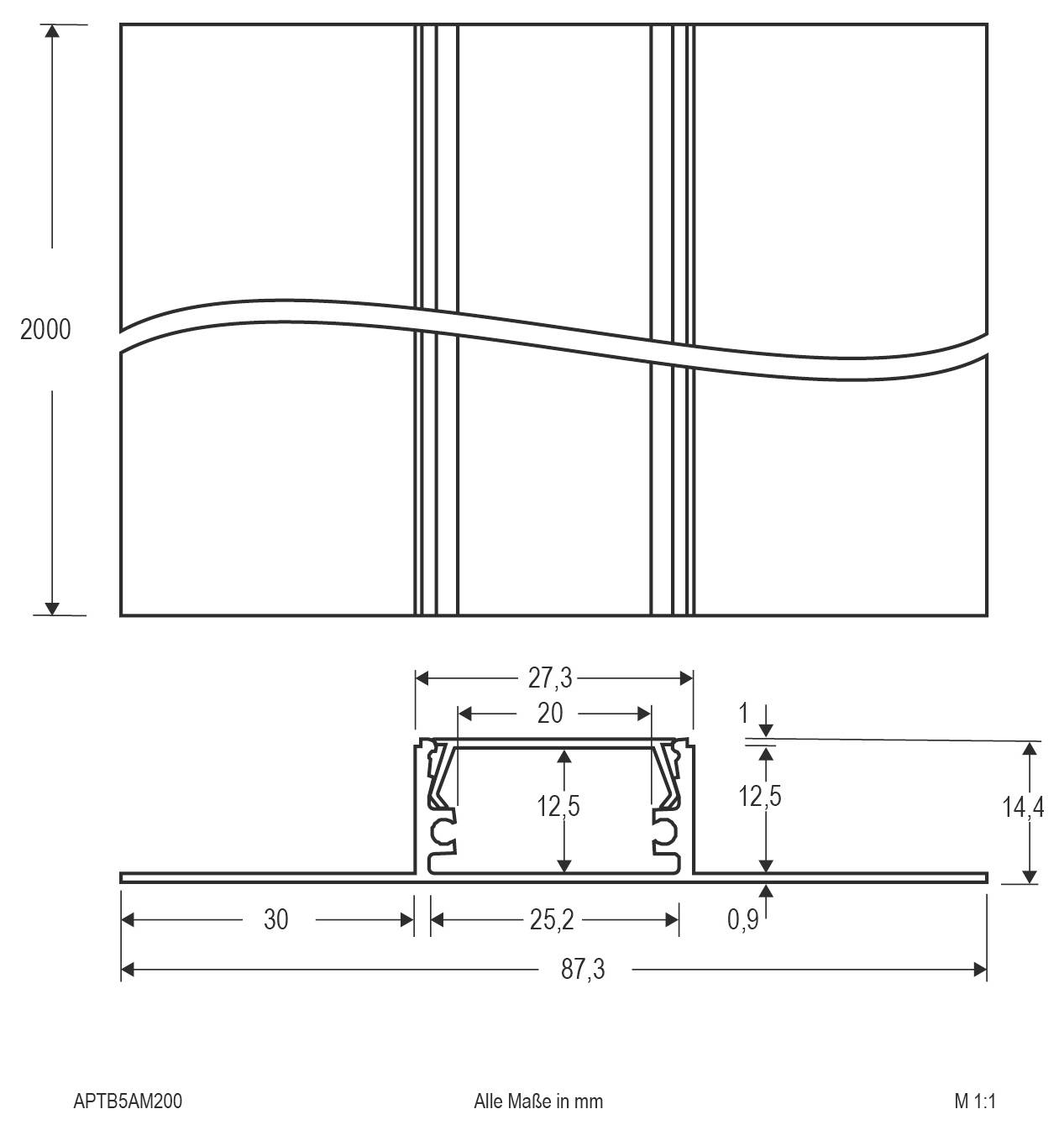 Dessin technique d'un panneau ou profil : la vue de dessus montre une feuille de 2000 mm de large avec des joints verticaux et une ligne horizontale ondulée ; la vue de dessous fournit les dimensions de la section transversale en millimètres.