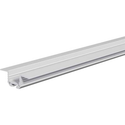 Canal de lumière LED en aluminium long avec bande diffuseur dépoli, montré en perspective sur un fond blanc.