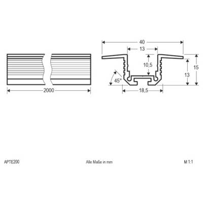Dessin technique d'un profil rectangulaire fendu, longueur totale 2000 mm, avec des dimensions de section transversale 15 mm de largeur, 12 mm de largeur intérieure et 8 mm de hauteur.