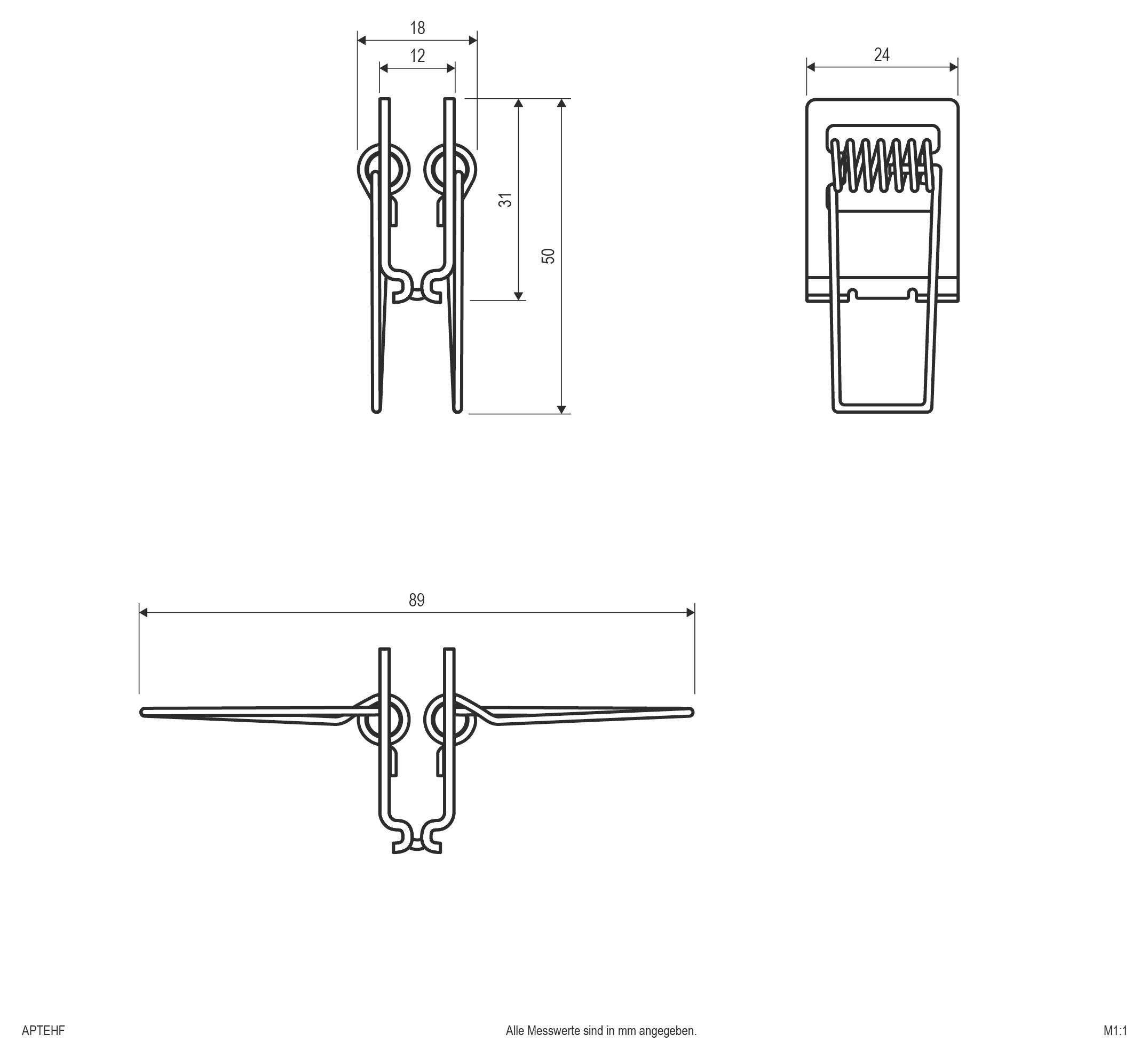 Dessin technique d'une agrafe ressort montré en trois vues, avec des dimensions de 18, 24, 31, 50 et 89 mm.