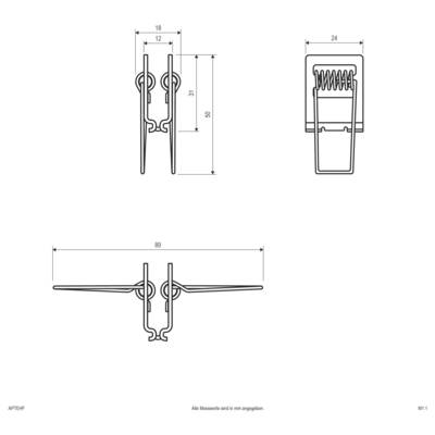 Dessin technique d'une agrafe ressort montré en trois vues, avec des dimensions de 18, 24, 31, 50 et 89 mm.