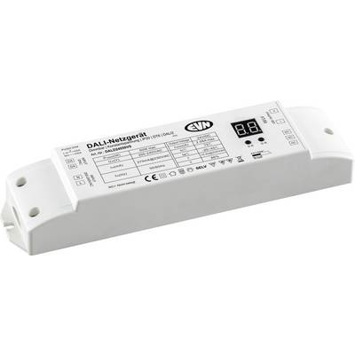 Module de contrôle réseau DALI blanc avec étiquette imprimée, indicateurs d'état et trous de montage pour installation électrique.