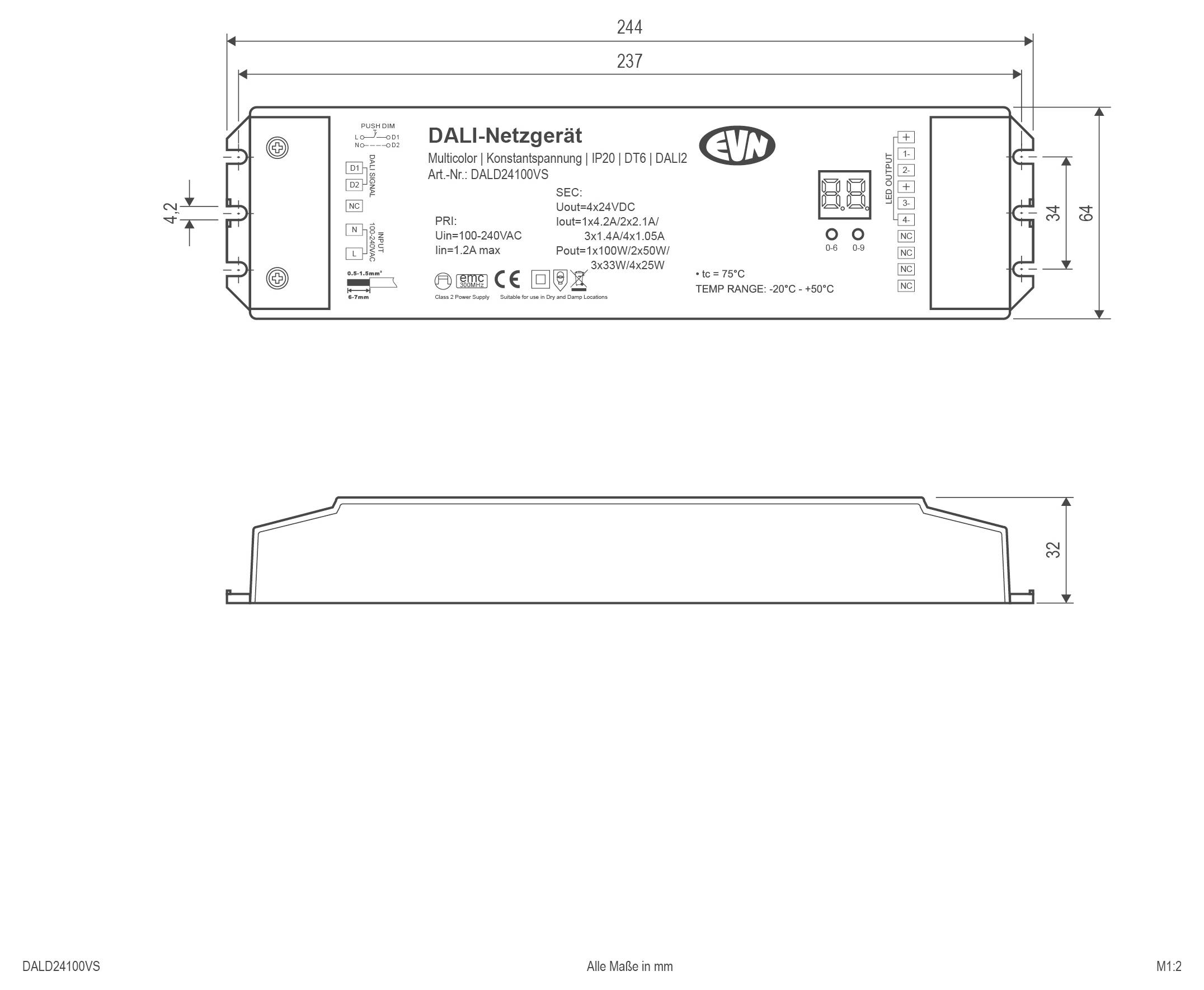 Dessin technique d'une unité d'alimentation DALI, montrant les vues de face et de côté avec les dimensions et les étiquettes en millimètres.
