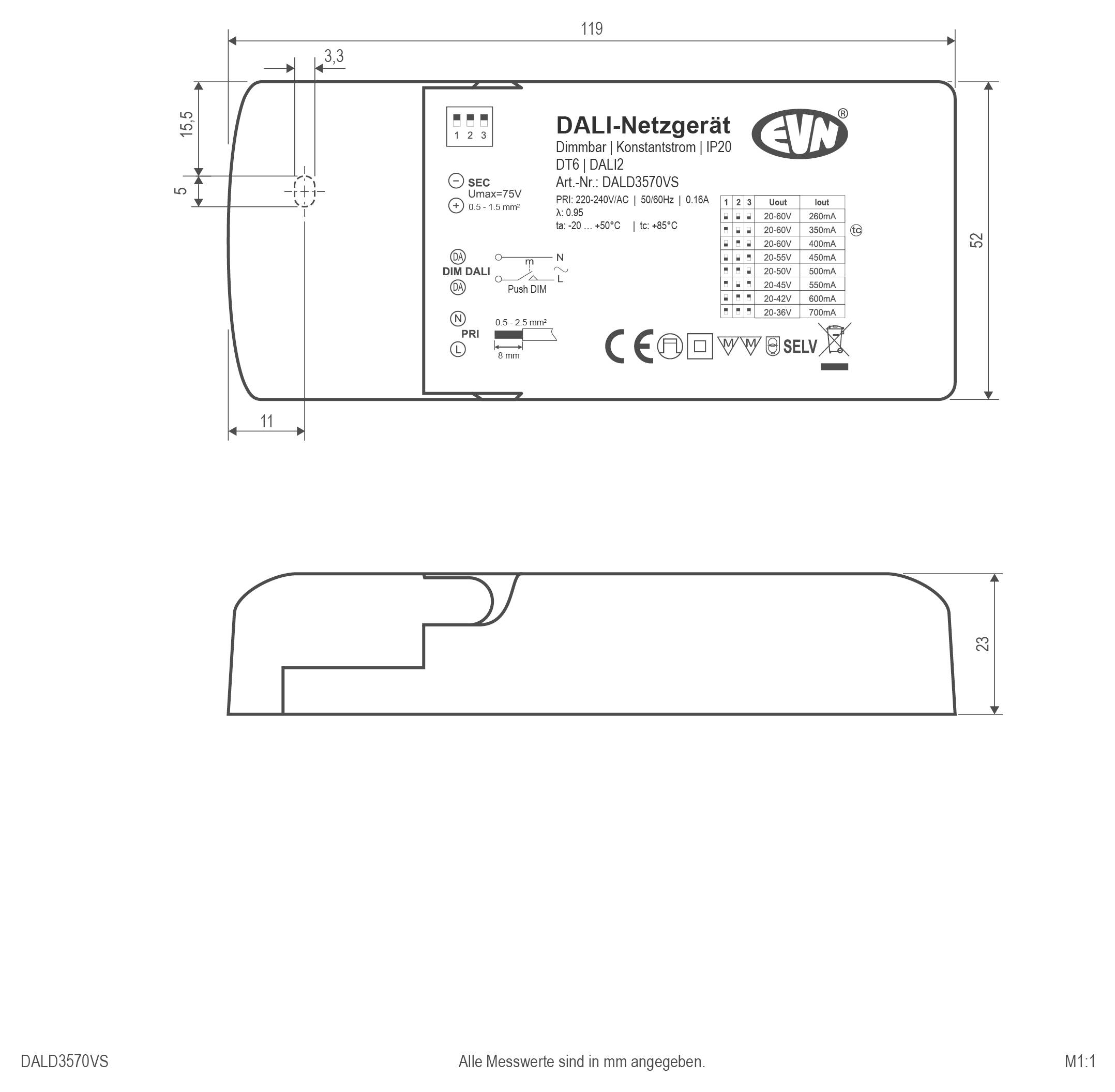 # Dessin technique du module de matériel de contrôle EVN DALI, montrant les vues de face et de côté avec les dimensions et les étiquettes de câblage/spécification.
