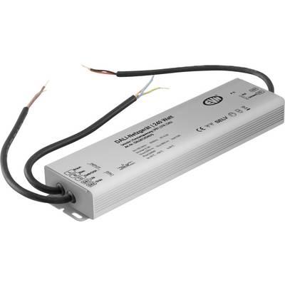 Alimentation à découpage LED argentée avec trois fils de connexion détachés sur fond blanc.