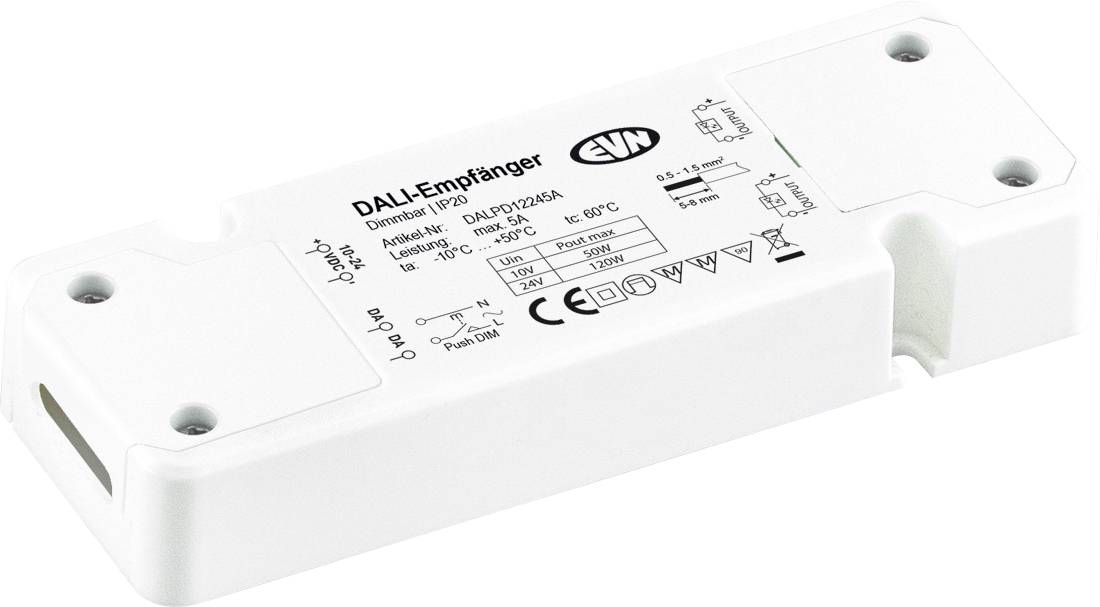 Récepteur DALI blanc avec module de contrôle électronique, spécifications imprimées et trous de montage sur un fond blanc uni.