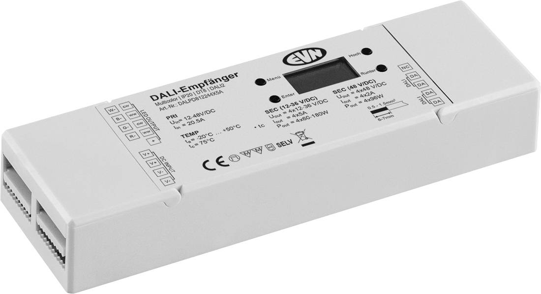 Module récepteur électronique blanc de forme rectangulaire étiqueté « DALI-Empfänger » avec des bornes à une extrémité et un petit écran d'affichage ainsi que des voyants d'état sur le dessus.