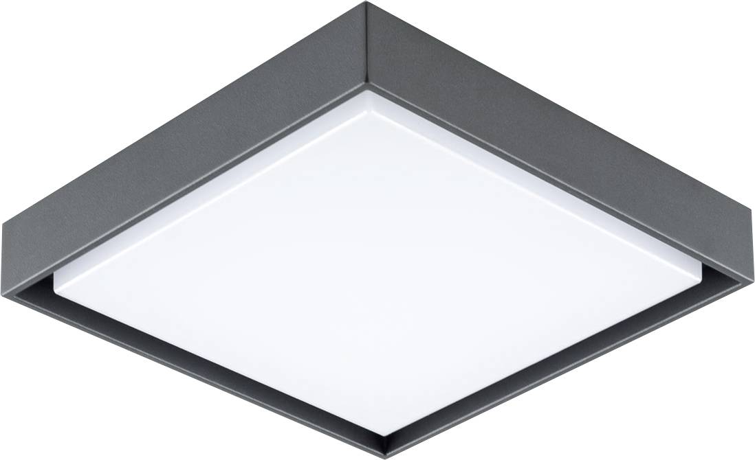 Plafonnier carré moderne en saillie avec cadre gris foncé et diffuseur blanc dépoli sur fond blanc.