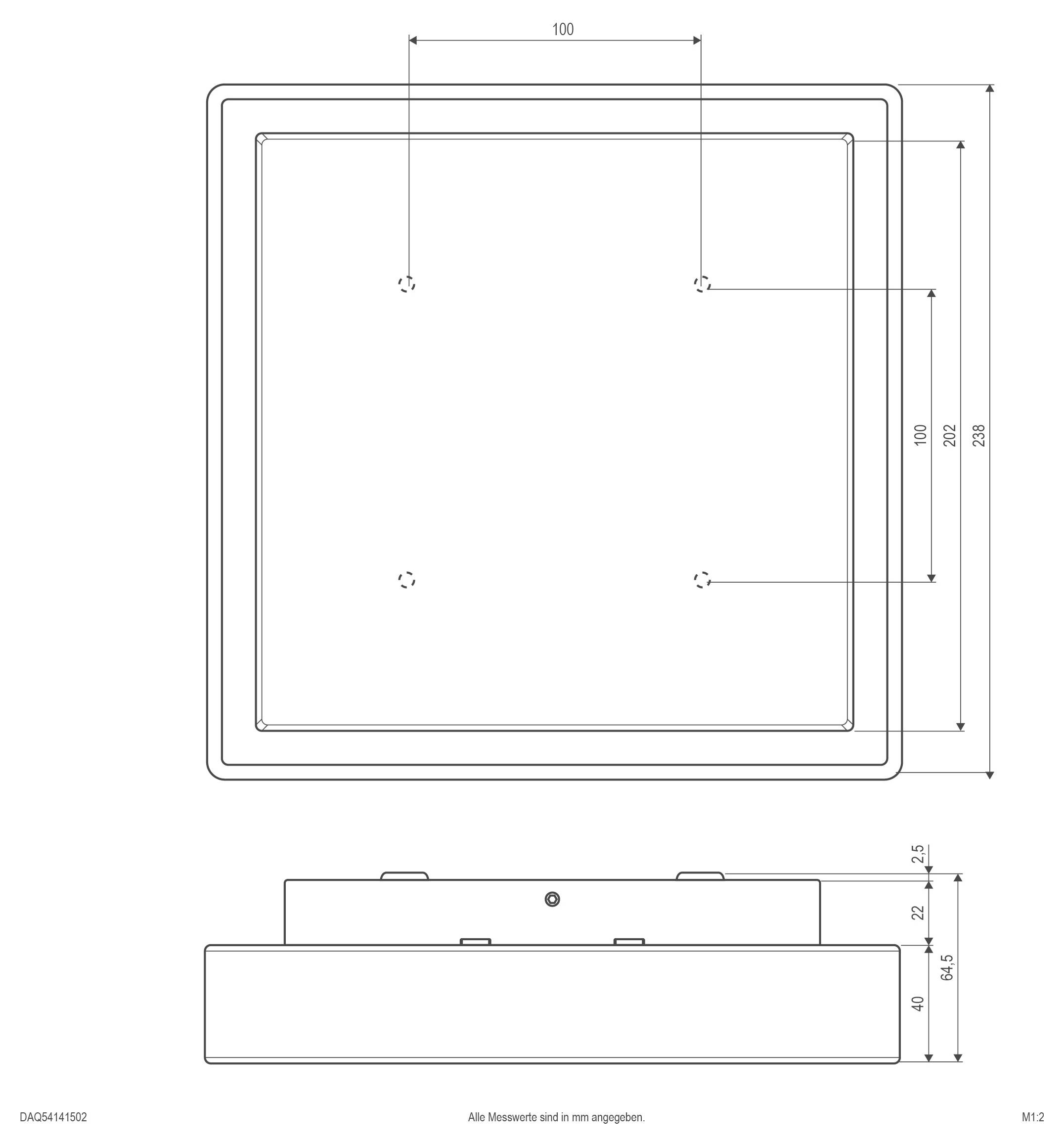 Dessin technique d'un panneau carré aux angles arrondis, présentant les vues de face et de côté avec les positions des trous de montage et les dimensions en millimètres.