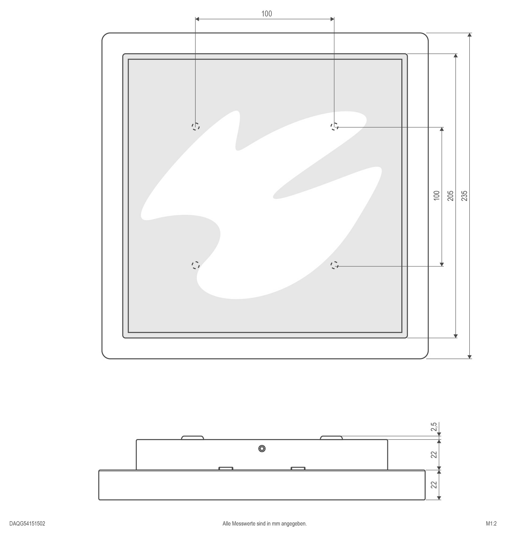 Dessin technique dimensionné d'un panneau ou cadre carré fixé au mur, montré en vues de face et de côté avec des mesures en millimètres.