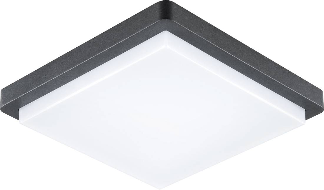 Plafonnier carré encastré avec cadre gris foncé et diffuseur blanc givré sur fond blanc.