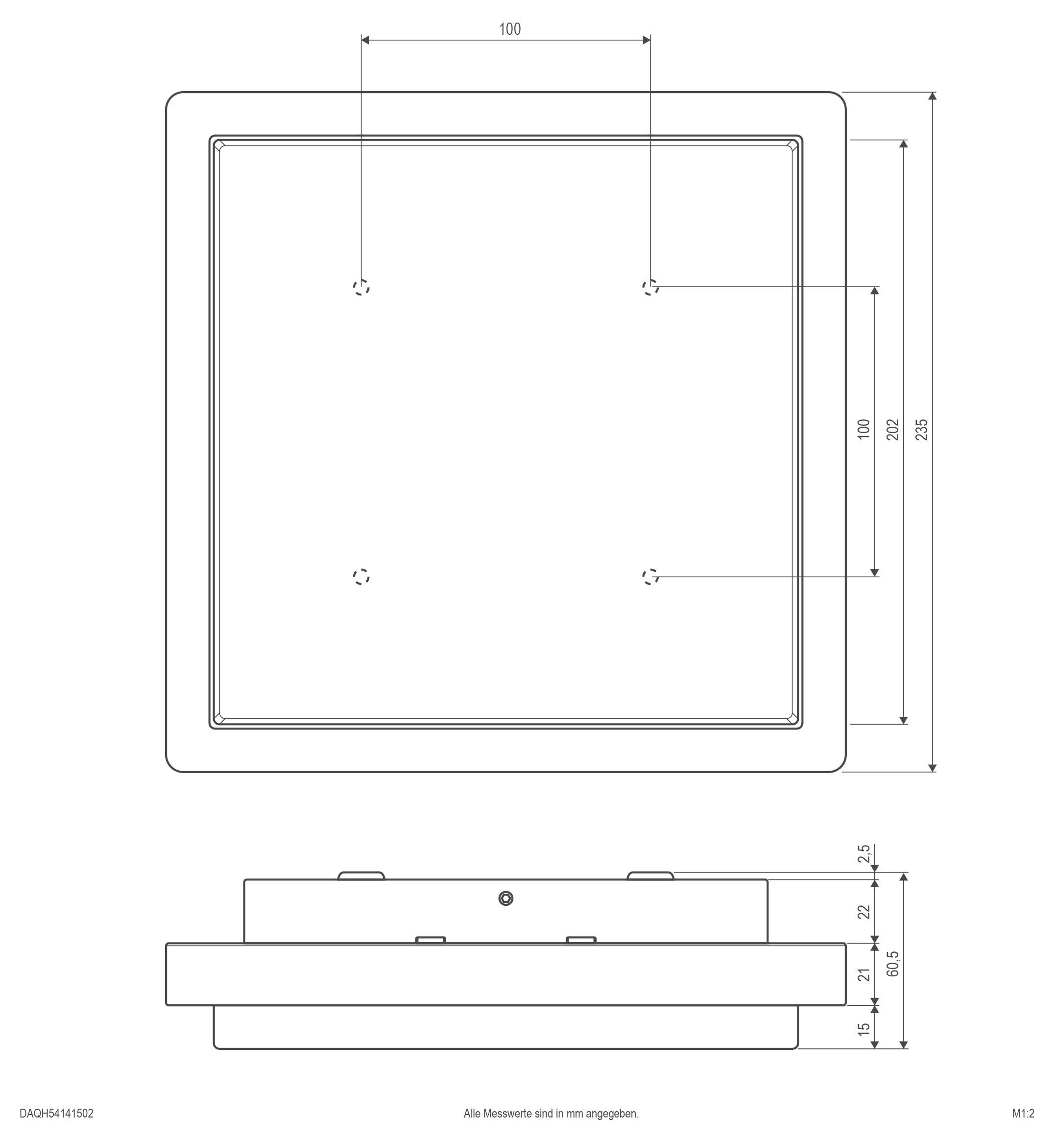 Dessin technique d'un panneau carré aux angles arrondis, montrant les vues de dessus et latérales ainsi que les dimensions en millimètres, incluant 100 et 255 mm au total.