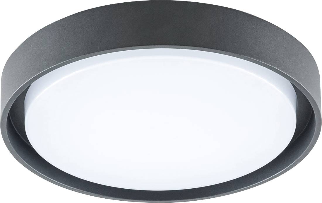 Luminaire de plafond à montage affleurant de forme ronde avec garniture gris foncé et diffuseur blanc.
