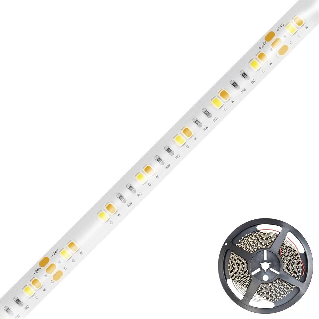 Rouleau de bande lumineuse LED avec des diodes blanc chaud et une bobine séparée de ruban LED flexible dans le coin.