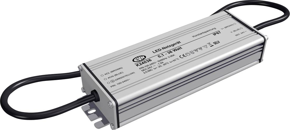 Alimentation électrique LED en métal avec câbles noirs, présentée dans un boîtier rectangulaire argenté sur un fond blanc.