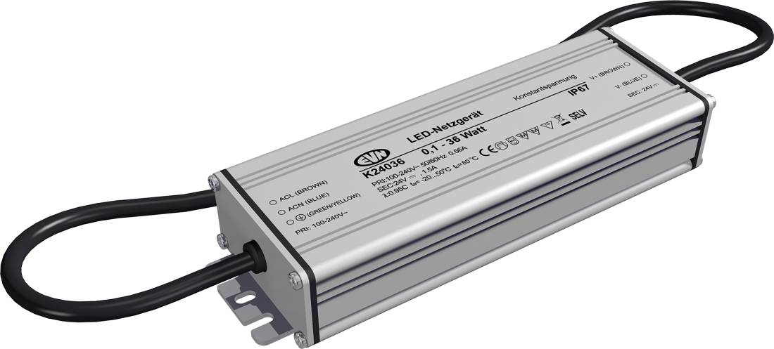 Module d'alimentation du pilote LED argenté avec câbles noirs et pattes de montage, étiqueté 61,4W pour l'éclairage LED.