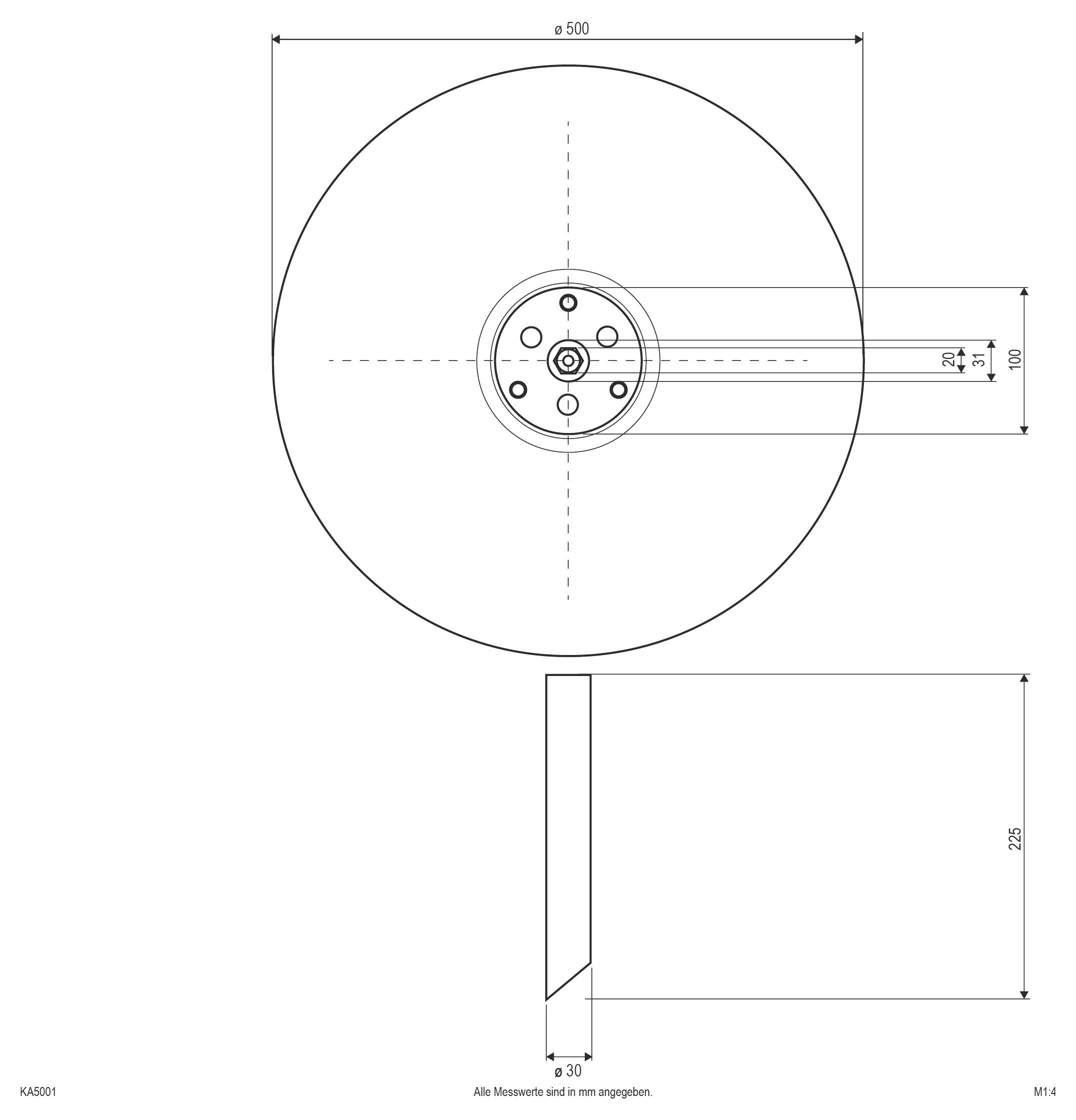 Dessin technique d'une grande roue avec moyeu central et bras proéminents, affichant les dimensions : diamètre 500 mm, moyeu 100 mm, longueur du bras 225 mm, largeur 30 mm.