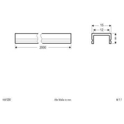 Dessin technique d'un profil rectangulaire fendu, long de 2000 mm, avec des dimensions de section transversale de 15 mm de largeur, 12 mm de largeur intérieure, et 8 mm de hauteur.